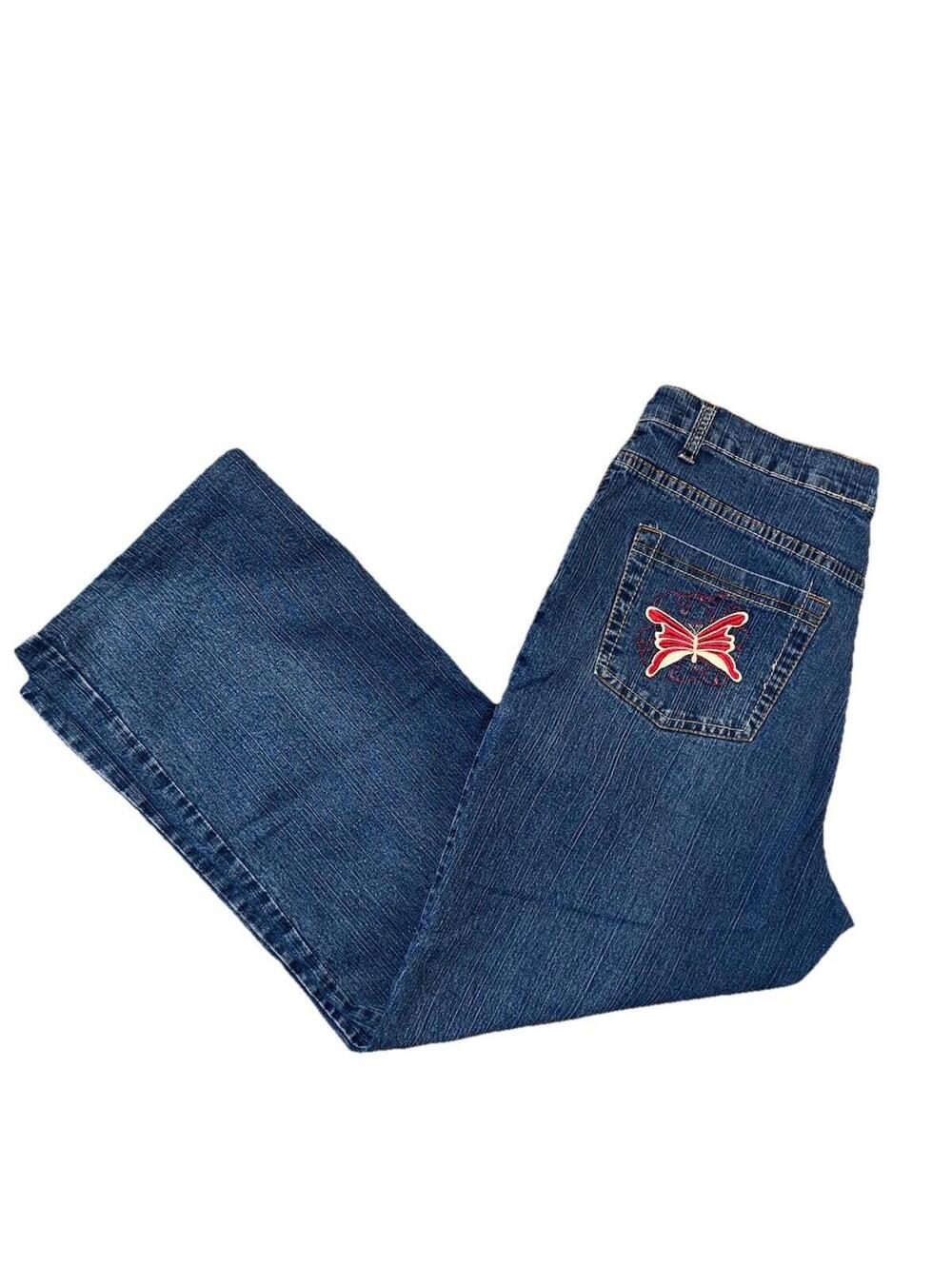 Y2K Ricky Hou Butterfly Embroidered Wide Leg Jeans Slub Denim Size 34 Retro